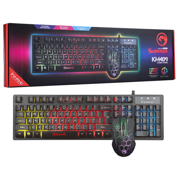 Marvo Scorpion KM409 7 Colour LED Backlit Adjustable DPI Gaming Keyboard and Mouse Bundle